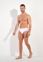 Full-body view of a men model wearing HO black/blue/white cotton Mini Briefs 3p