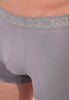 Close-up view of a men model wearing HO black/grey/grey cotton Boxer Briefs 3p