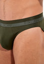 Close-up view of a men model wearing HO dark khaki cotton Mini Briefs