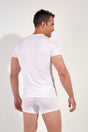 Back view of a men model wearing HO white cotton Tee-Shirt V Neck