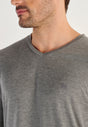 Close-up view of a men model wearing HO grey  L/SLV Shirt V-Neck