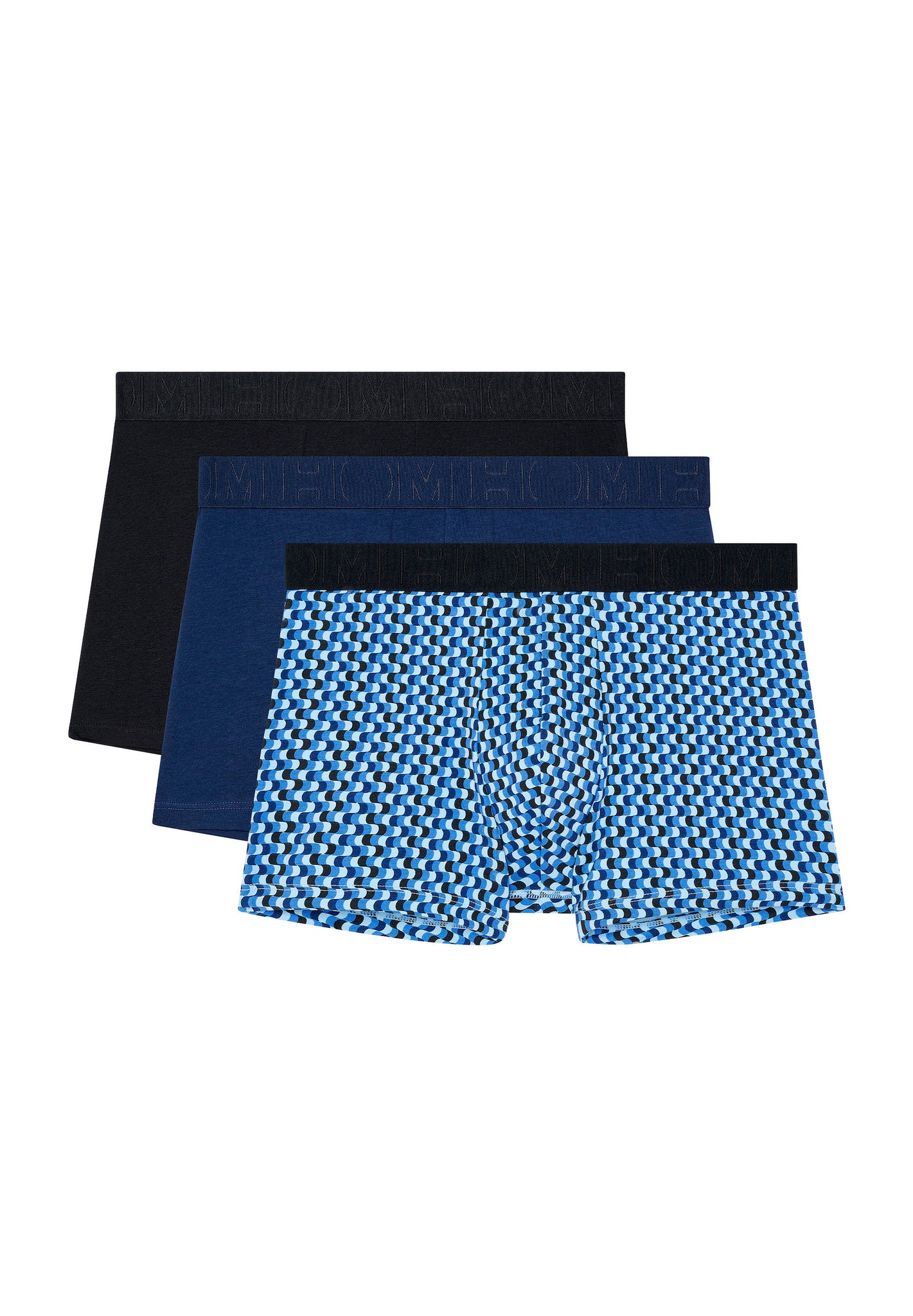 Front cutout view of HO black/navy/blue print cotton Boxer Briefs 3p