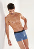 General view of a men model wearing HO black/navy/blue print cotton Boxer Briefs 3p
