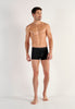 Full-body view of a men model wearing HO black/navy/blue print cotton Boxer Briefs 3p