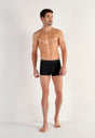 Full-body view of a men model wearing HO black/navy/blue print cotton Boxer Briefs 3p