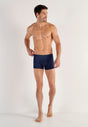 General view of a men model wearing HO black/navy/blue print cotton Boxer Briefs 3p