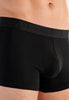 Close-up view of a men model wearing HO black/navy/blue print cotton Boxer Briefs 3p