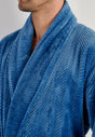 Close-up view of a men model wearing HO blue  Robe