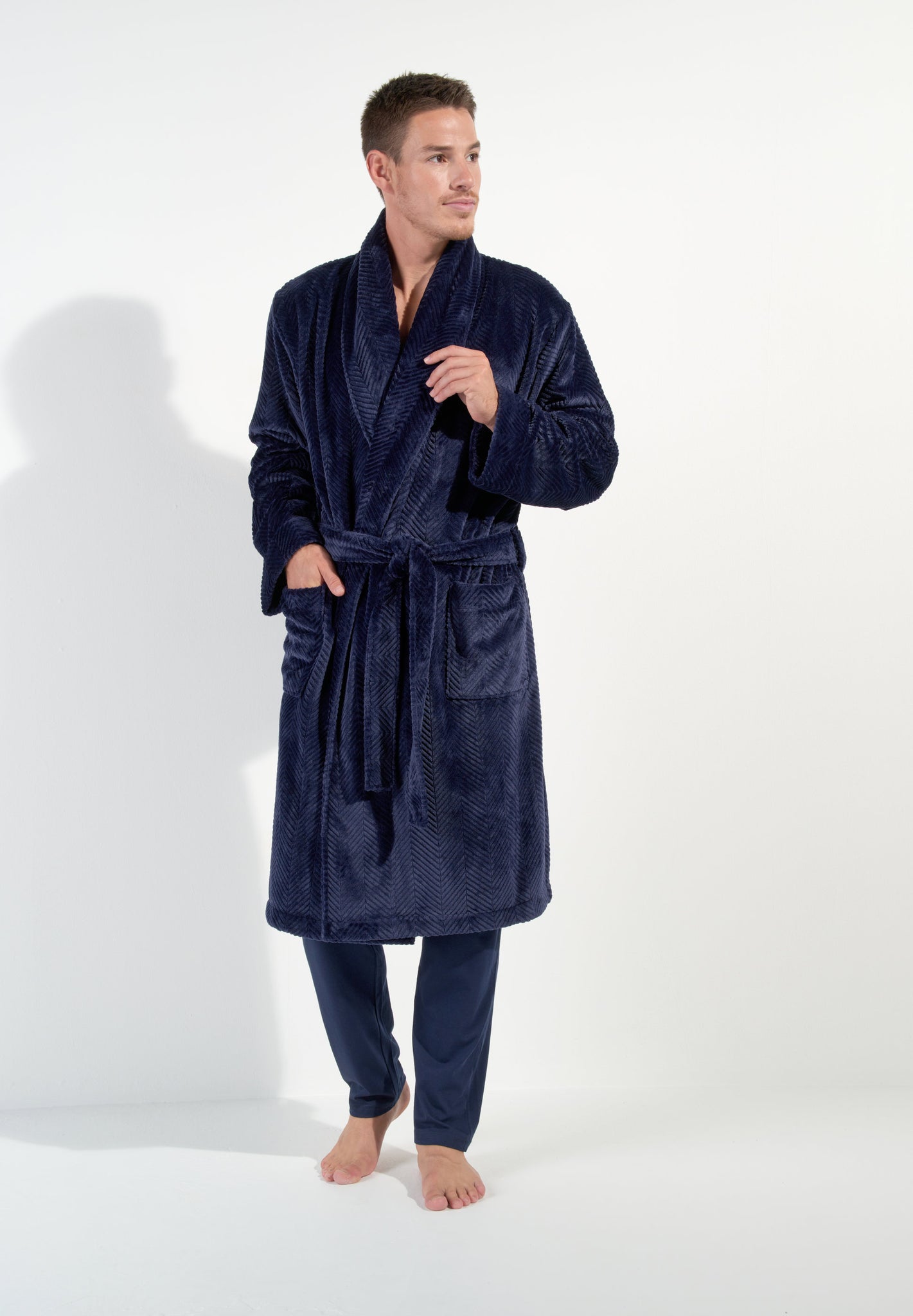 Full-body view of a men model wearing HO navy  Robe