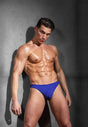 Front view of a men model wearing HO blue cotton G-String