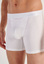 Close-up view of a men model wearing HO white cotton Long Boxer Briefs HO1