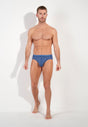 Full-body view of a men model wearing HO jeans blue cotton Briefs HO1