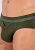 Close-up view of a men model wearing HO dark khaki cotton Briefs HO1