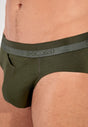 Close-up view of a men model wearing HO dark khaki cotton Briefs HO1
