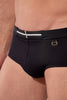 Close-up view of a men model wearing HO black  Swim Midi Briefs