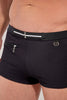 Close-up view of a men model wearing HO black  Swim Shorts