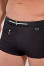 Close-up view of a men model wearing HO black  Swim Shorts