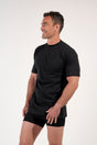 Front view of a men model wearing HO black combination cotton Tee-Shirt Crew Neck