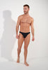 Full-body view of a men model wearing HO black print  Comfort Micro Briefs