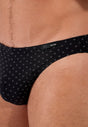Close-up view of a men model wearing HO black print  Comfort Micro Briefs