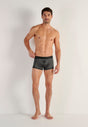 Full-body view of a men model wearing HO black/white stripes modal/viscose/tencel Boxer Briefs