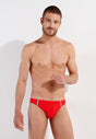 Front view of a men model wearing HO red  Swim Micro Briefs