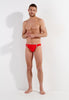 Full-body view of a men model wearing HO red  Swim Micro Briefs