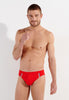 Front view of a men model wearing HO red  Swim Mini Briefs