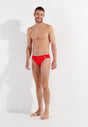 Full-body view of a men model wearing HO red  Swim Mini Briefs