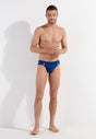 Full-body view of a men model wearing HO navy  Swim Mini Briefs