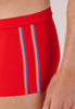 Close-up view of a men model wearing HO red  Swim Shorts