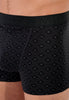 Close-up view of a men model wearing HO black/black print cotton Boxer Briefs HO1 2p