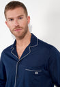 Close-up view of a men model wearing HO navy cotton Long Sleepwear