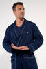 Front view of a men model wearing HO navy cotton Robe