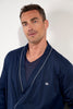 Close-up view of a men model wearing HO navy cotton Robe