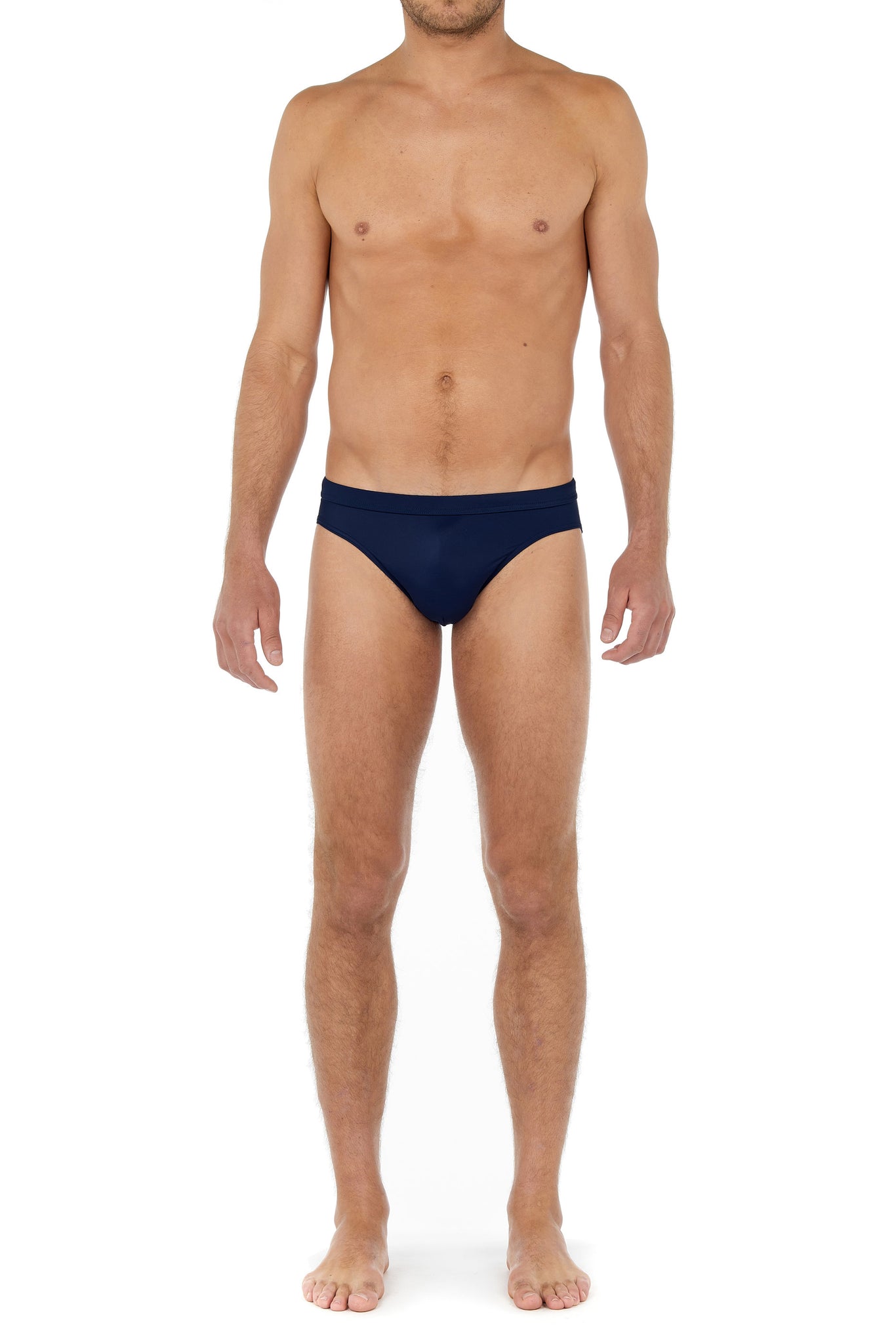 Full-body view of a men model wearing HO navy  Swim Mini Briefs