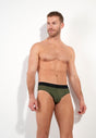 Front view of a men model wearing HO khaki green  Mini Briefs