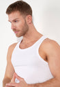 Close-up view of a men model wearing HO white cotton Tanktop