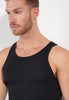 Close-up view of a men model wearing HO black cotton Tanktop