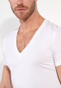 Close-up view of a men model wearing HO white cotton Tee-Shirt V Neck