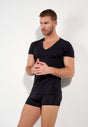 Front view of a men model wearing HO black cotton Tee-Shirt V Neck