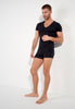 Full-body view of a men model wearing HO black cotton Tee-Shirt V Neck