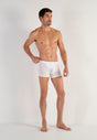 Full-body view of a men model wearing HO white modal/viscose/tencel Comfort Boxer Briefs HO1