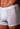 Close-up view of a men model wearing HO white modal/viscose/tencel Comfort Boxer Briefs