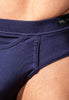 Close-up view of a men model wearing HO navy modal/viscose/tencel Comfort Briefs HO1