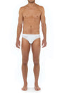 Front view of a men model wearing HO white modal/viscose/tencel Comfort Briefs