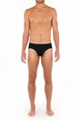 Front view of a men model wearing HO black modal/viscose/tencel Comfort Briefs