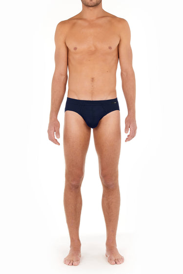 Front view of a men model wearing HO navy modal/viscose/tencel Comfort Briefs