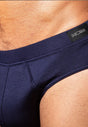 Close-up view of a men model wearing HO navy modal/viscose/tencel Comfort Briefs