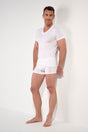Full-body view of a men model wearing HO white modal/viscose/tencel Tee-Shirt V Neck
